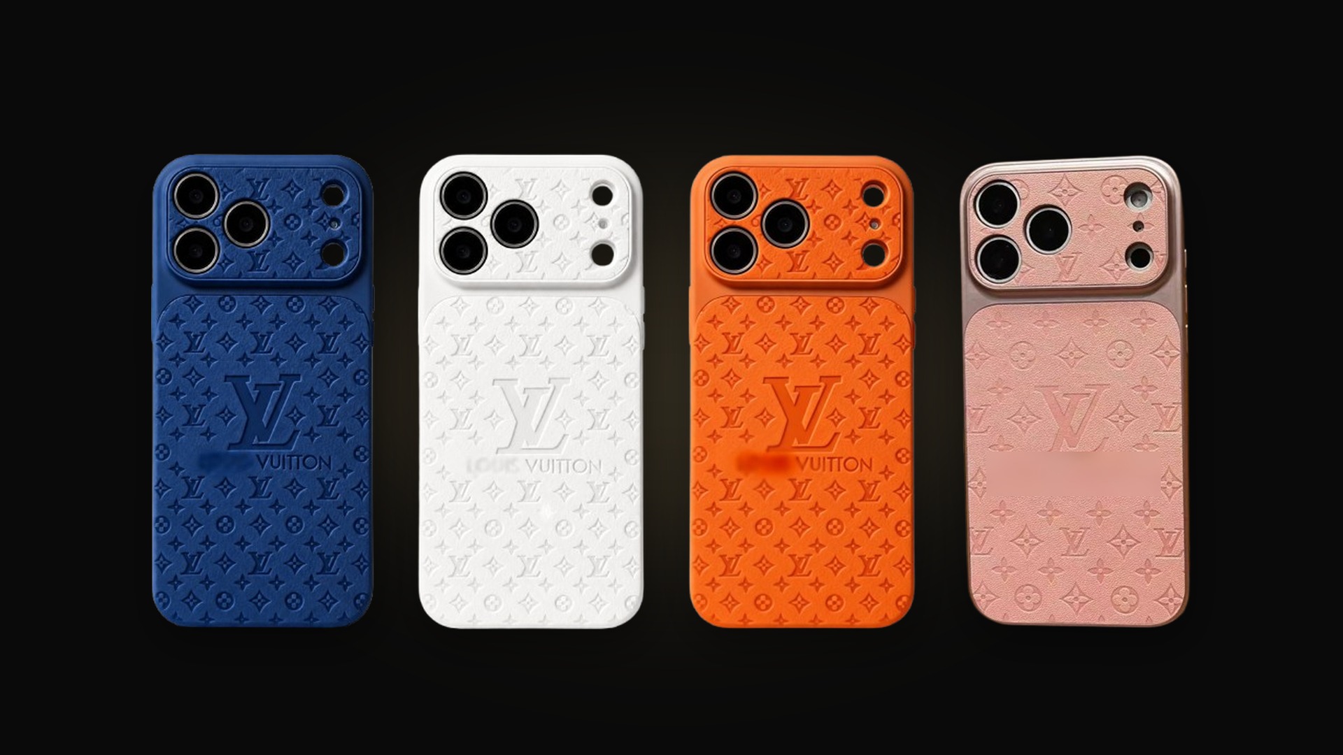 Les quatre coques Prestige Covers — bleu, blanc, orange et rose — sur fond noir